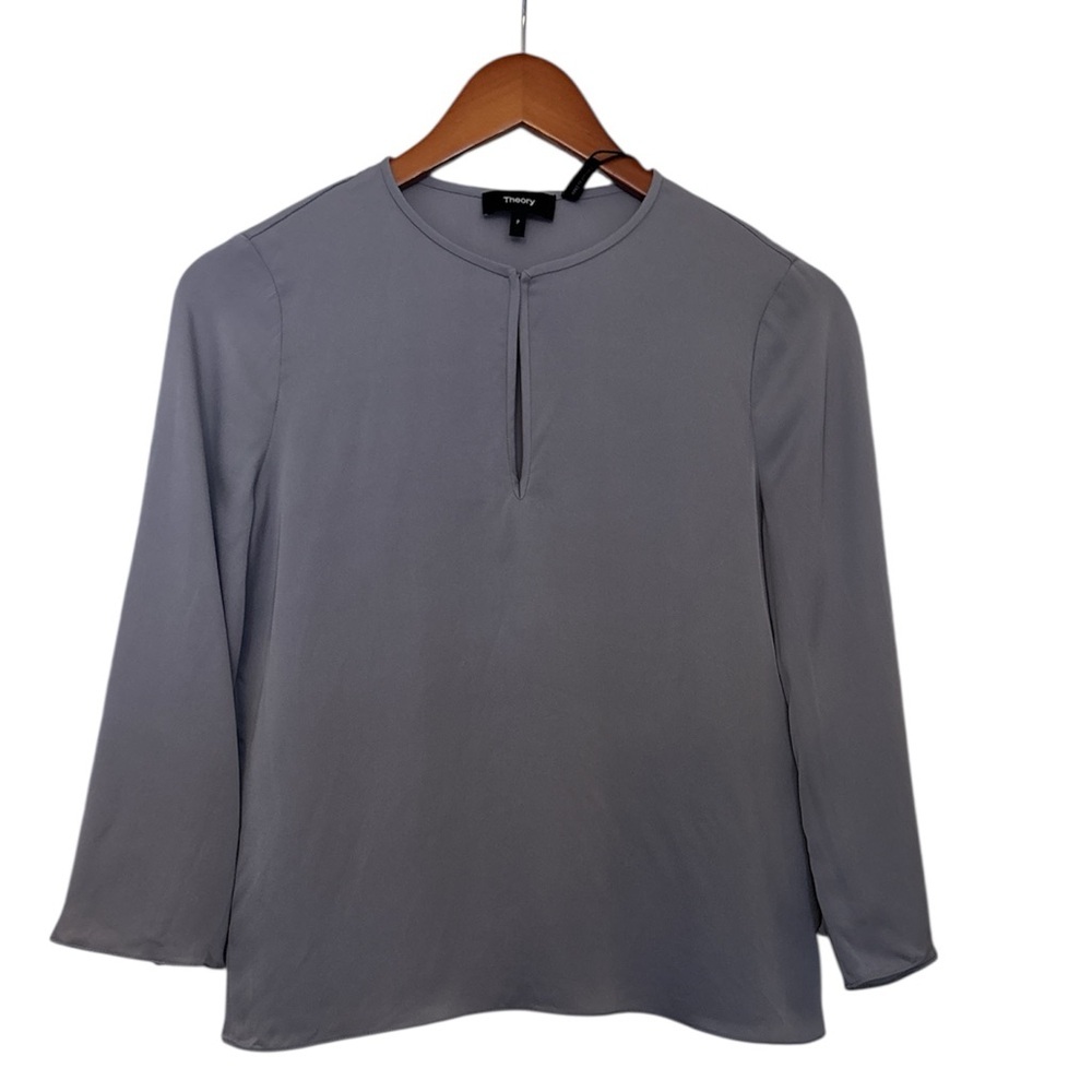 Theory Gray Keyhole Blouse Size P NWT 3/4 Sleeve Minimalist Chic  Silk